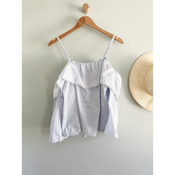 Johnathan Simkhai | Stripe Off the Shoulder Pom Pom Top | Blue White | S - Picture 11 of 11